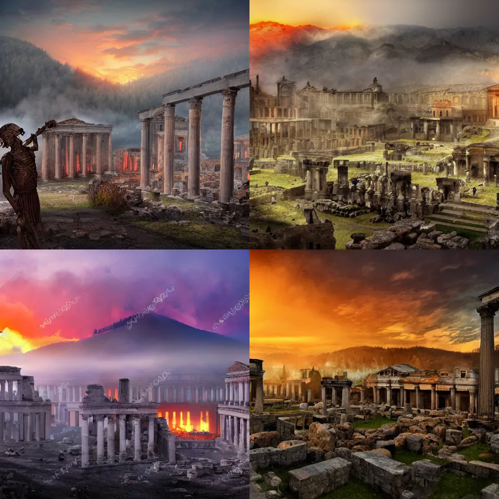 Prompt: ancient burning roman city on top of a misty, dark mountain, misty grey forest in the background, armed skeletons in the foreground, ultra realistic photograph!!!, high detail, color rich, realistic colors, sunset, wide angle,