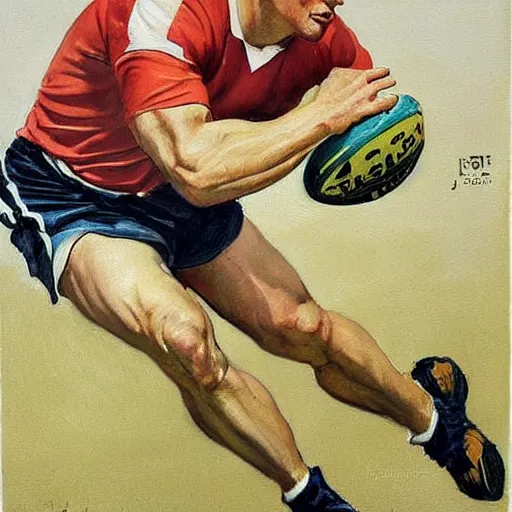 Prompt: handsome blonde rugby player in a running pose, side view, holding the rugby ball in his arm, full color painting by J.C. Leyendecker