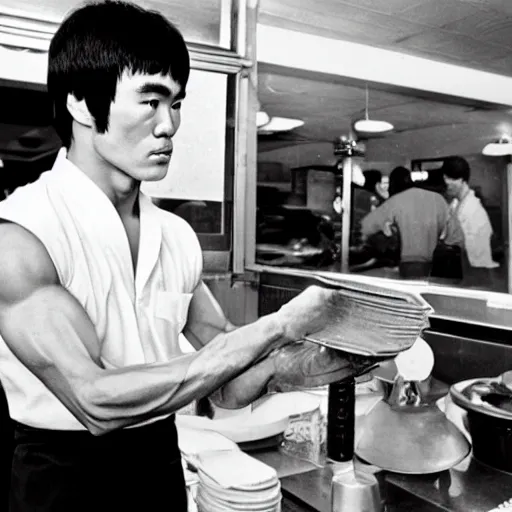 Prompt: 8 k vintage portrait photograph of bruce lee standing inside of a detailed and busy wafflehouse helping out