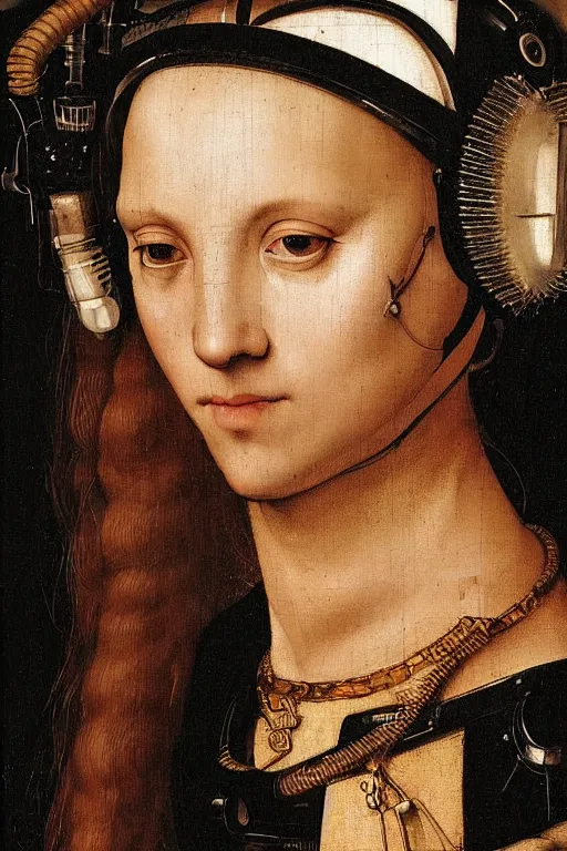 Image similar to a close - up portrait of a cyberpunk cyborg girl, by hans holbein the younger, rule of thirds