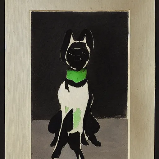 Image similar to a watercolor of a small black dog drinking beer by charles e. burchfield