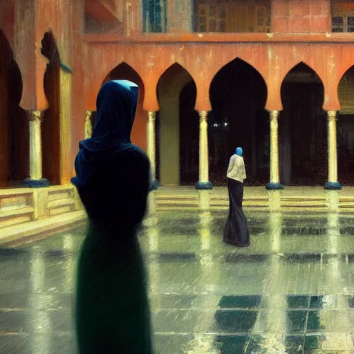 Image similar to action moment, detailed face! of a woman, courtyard, capital, cyberpunk mosque interior, control panel, watcher, omniscient, tech noir, wet reflections, impressionism, atmospheric, ambient, speed painting, livia prima, edward hopper