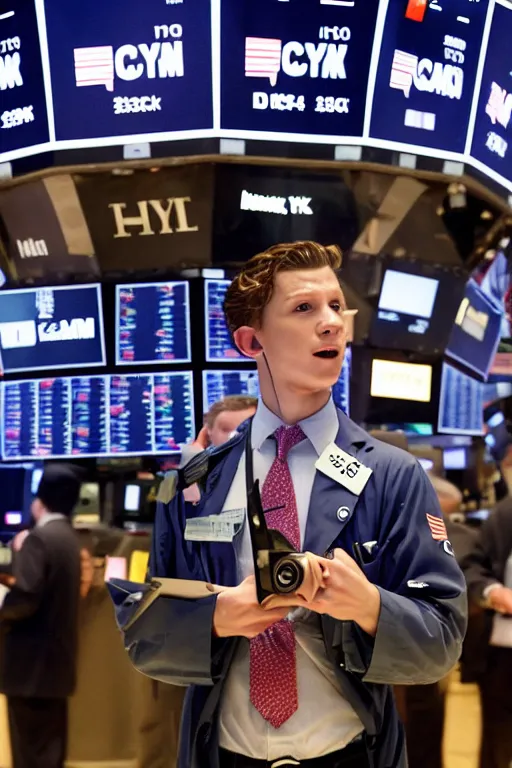 Image similar to tom holland rings the opening bell at the new york stock exchange trading floor, 3 5 mm photography, highly detailed, cinematic lighting, 4 k