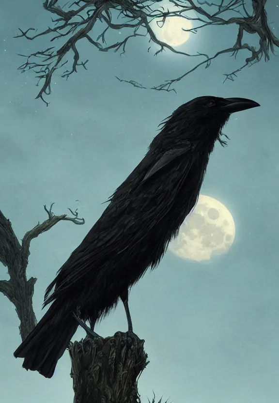 Image similar to crow on tree in front of the full big moon, highly detailed, digital painting, artstation, concept art, smooth, sharp focus, illustration, Unreal Engine 5, 8K, art by artgerm and greg rutkowski and alphonse mucha