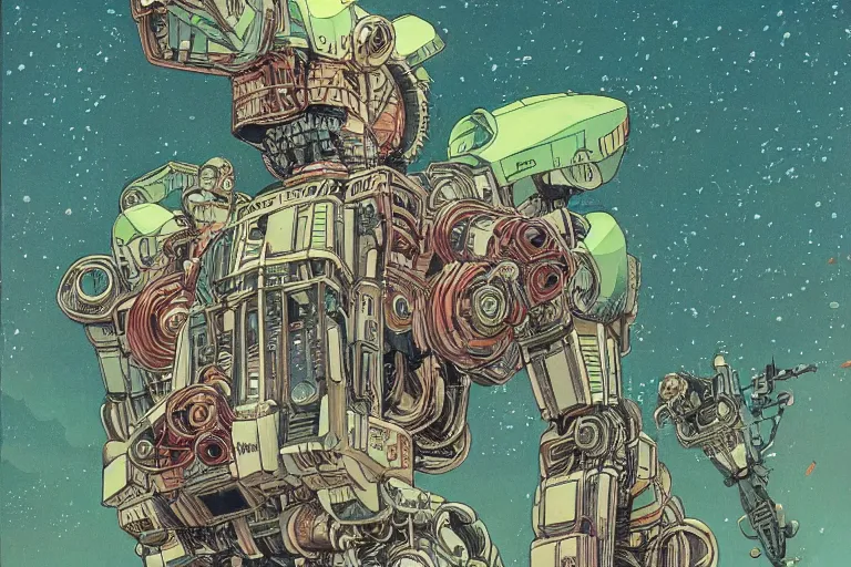 Image similar to gigantic man head, a lot of exotic vegetation around, trees, tremendous mecha robot, flowers, risograph!, oldschool vintage sci - fi flat surreal design, super - detailed, painting by moebius and satoshi kon and jodorowski and katsuhiro otomo