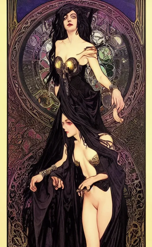 Prompt: sorceress, wearing dark clothes and a black cloak, with messy black hair, gothic, standing in a surreal dreamscape by Gerald Brom and Alphonse Mucha,