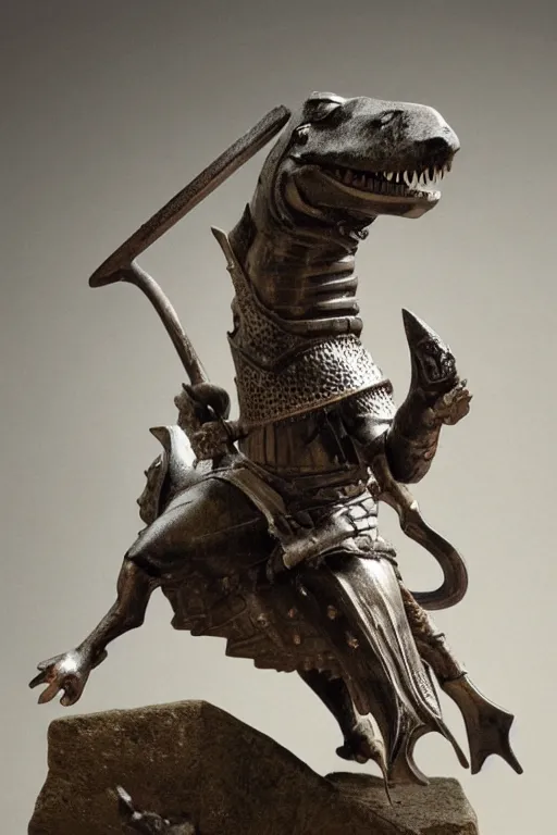 Image similar to medieval Norman, circa 1300, photo of stone statue, of a night in full armor with a sword, riding an Allosaurus, romanesque style, in museum