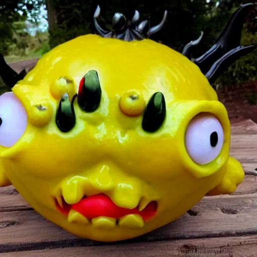 Prompt: Lemon Demon, a yellow lemon with a demonic face and red demon horns