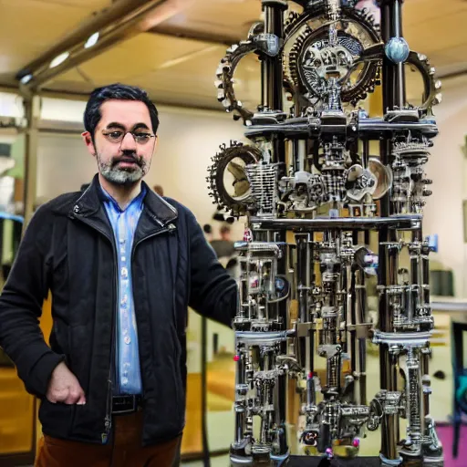 Image similar to a random pointlessly elaborate intricate contraption pneumatic machine with no apparent purpose, being operated by a scholarly looking man with a clear directed gaze, xf iq 4, f / 5. 4, iso 2 0 0, 1 / 1 6 0 s, 8 k, raw, unedited, symmetrical balance, in - frame