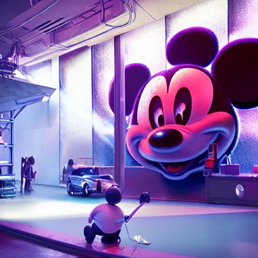 Prompt: giant mickey mouse being operated on by several workers, large octane render, dark beeple art, incredible detail, netflix logo in background, dark studio, dystopian atmosphere, gigantic micky mouse statue being worked on,