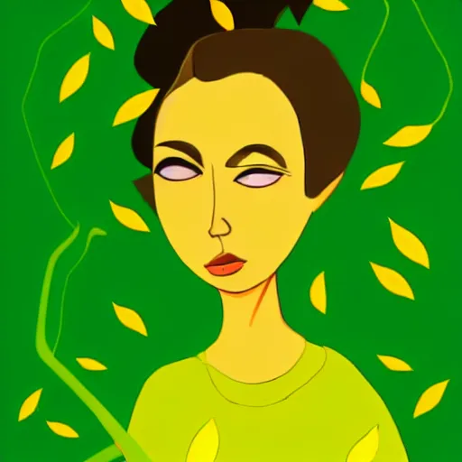 Image similar to Female character, green background, full of yellow leaves, in the artistic style of Melissa Zuñiga