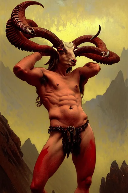 Image similar to portrait of a beautiful young fit male demon with ram horns, scaly torso and goat legs, hellish scene, by greg rutkowski and alphonse mucha, d & d character, gradient red to yellow, in front of an hellish landscape background, highly detailed portrait, digital painting, artstation, concept art, smooth, sharp focus ilustration, artstation hq