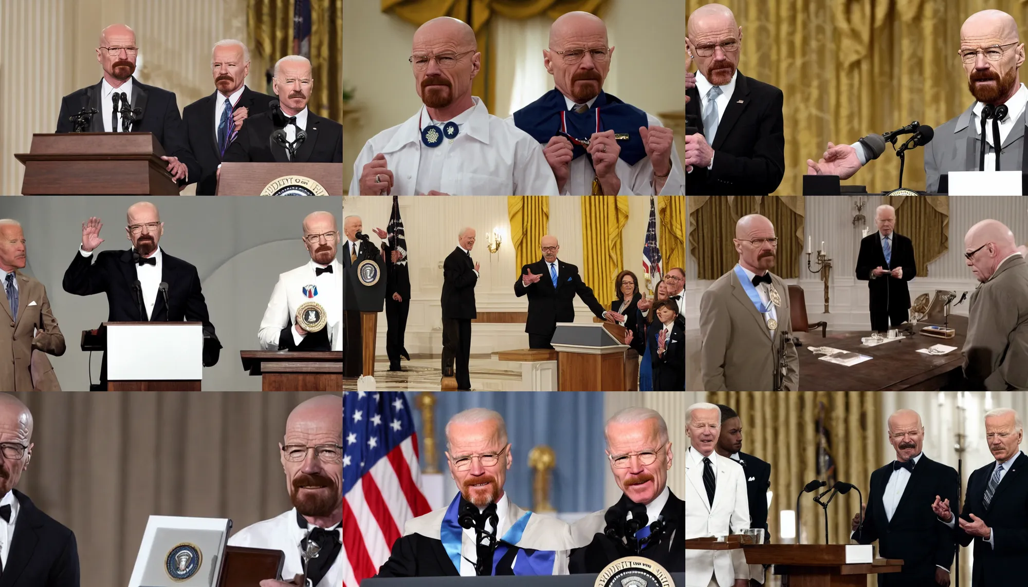 Prompt: Walter White gives a speech after being awarded the Presidential Medal of Freedom by Joe Biden