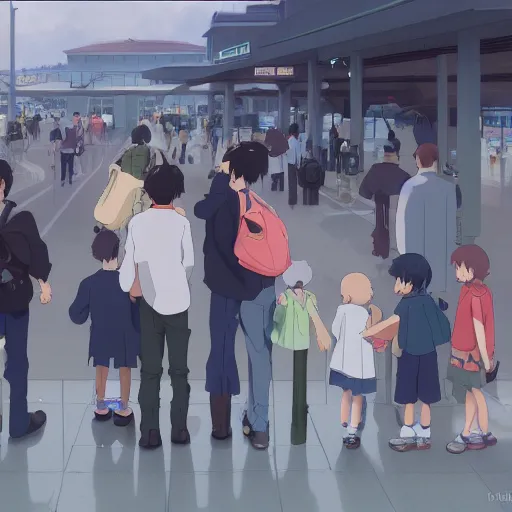 Prompt: A family saying goodbye to their children at a busy plane train station, by Dice Tsutsumi, Makoto Shinkai,