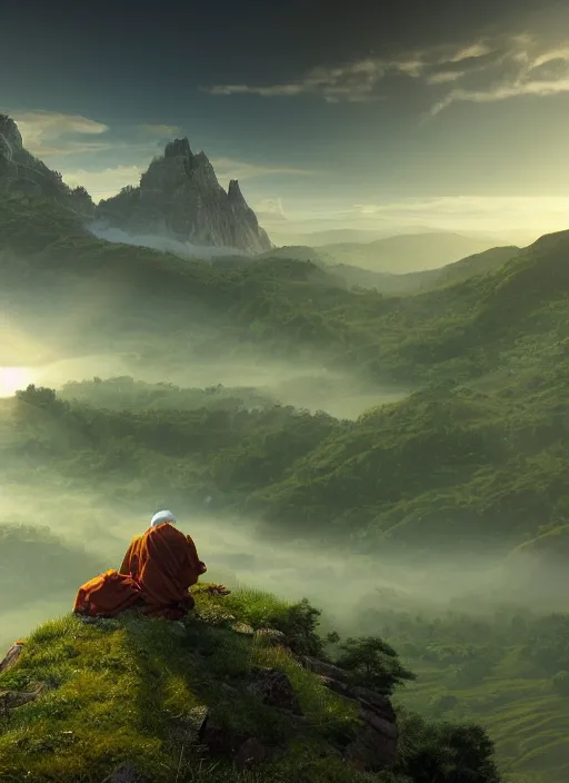 Image similar to a cosmic monk in lord of the rings scenery landscape, looking out at a big tiberian temple complex on a mountain, vast lush valley at sunrise, river, god's rays, highly detailed, vivid color, cinematic lighting, perfect composition, 8 k, gustave dore, derek zabrocki, greg rutkowski, belsinski, octane render