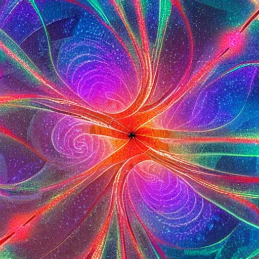 Image similar to fractal strandbeest wandering through colorful nebulas on the fringes of the edge of realitys rainbow, illustration with colors that pop