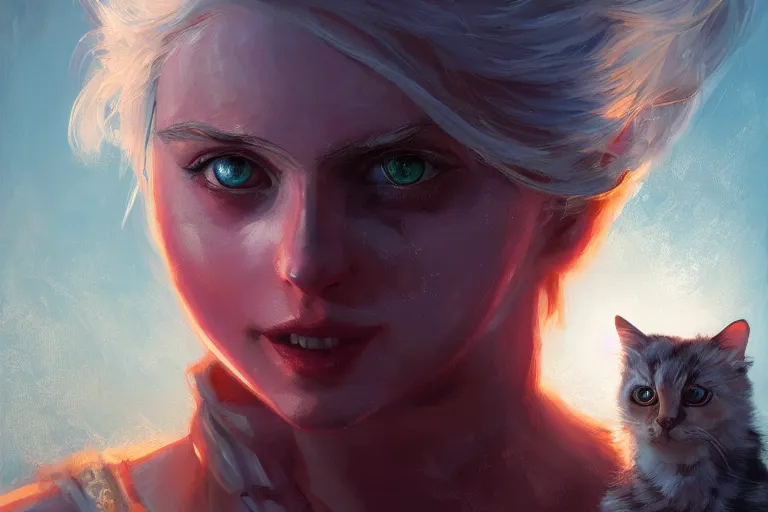 Image similar to Ciri holding a cat, beautiful lighting, expressive oil painting, trending on artstation, digital art, by Yoshitaka Amano, by Dan Mumford, canvas, highly detailed, 4k