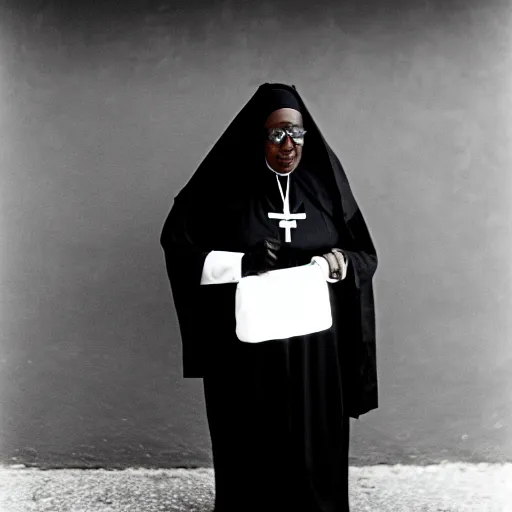Prompt: a black nun wearing shiny jewelry, she's smoking a cigar and puffing smoke, kodak film photo, amateur photography, candid