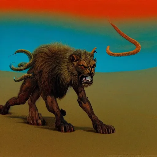 Image similar to manticore prowling in the dessert, concept, lion head and body, scorpion tail, beksinski