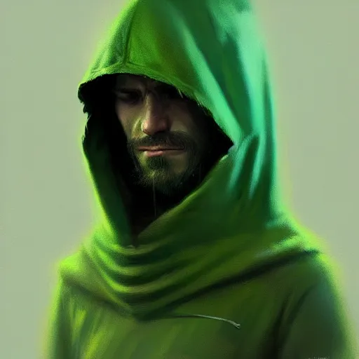 Image similar to portrait of a programmer with green hood by greg rutkowski, digital