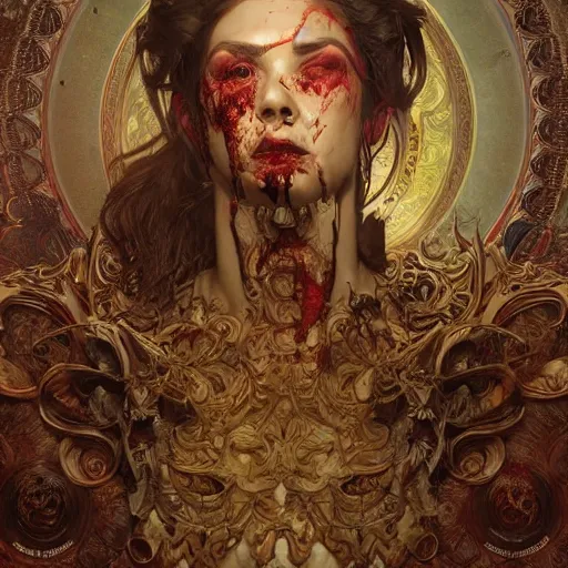 Image similar to whirling ornate intricate portrait of a bloodied filigreed butcher, rippling, warping, ultra realistic, concept art, intricate details, eerie, highly detailed, photorealistic, octane render, 8 k, unreal engine. art by artgerm and greg rutkowski and alphonse mucha