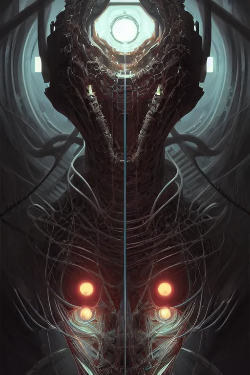 Image similar to professional concept art symmetrical portrait of a horror fractal robotic nightmare species in deep dark room by artgerm and greg rutkowski. an intricate, elegant, highly detailed digital painting, kubism, concept art, smooth, sharp focus, illustration, in the style of cam sykes.