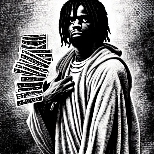 Image similar to highly accurate cheef keef rapper holding stacks of cash, biblical image, style of gustave dore, highly detailed, beautiful, high contrast, black and white