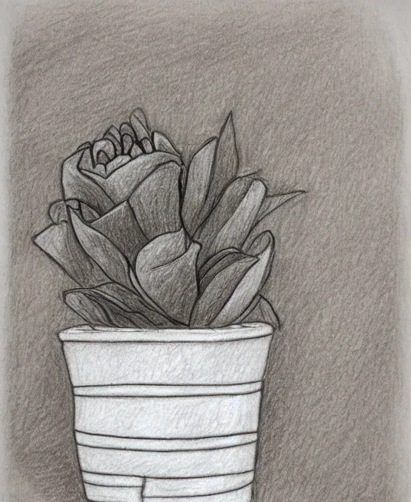 Prompt: a pencil drawing of a flower in a clay pot on a window sill. by pen tacular