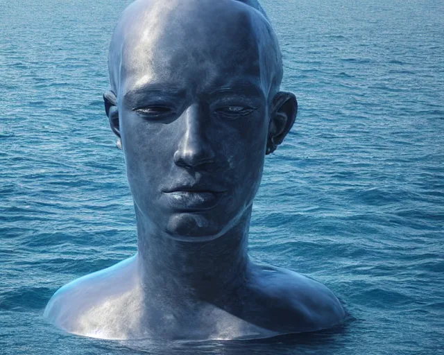 Image similar to a giant sculpture of an abstract human head on the surface of the ocean, hyper - realistic, very detailed, realistic water, ray tracing, 8 k resolution, long - shot, sharp focus, low angle, 8 5 mm photograph, wide lens