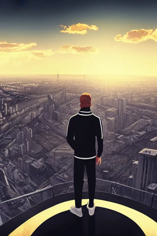 Image similar to Man in black adidas tracksuit looking atop of a urban plateau filled with soviet apartment buildings, golden hour, dreamy, beautiful clouds, ultra detailed beautiful lighting, 4k, wallpaper, russian cityscape, beautiful artwork by Makoto Shinkai