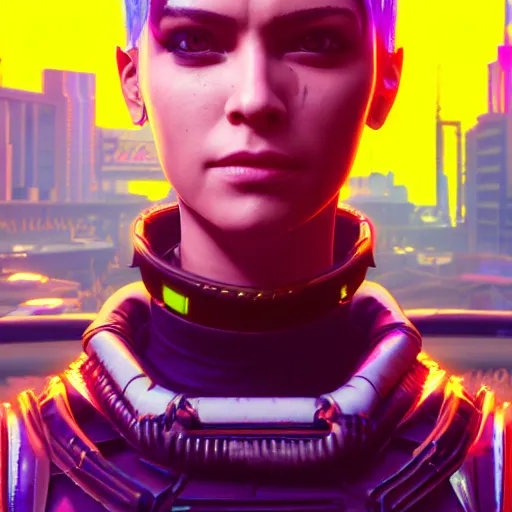 Prompt: headshot of punk female from cyberpunk 2077 wearing thick steel choker around neck, 4K, detailed face, collar on neck, realistic, artstation, neon,