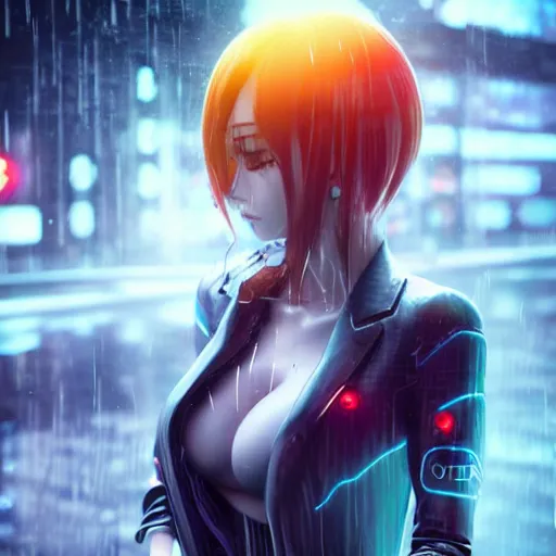 Image similar to anime woman portrait made out of rain, beautiful, cyborg, stylish suit, cyberpunk background, neon, rendered in octane, unreal engine, matte painting, sharp focus, trending on artstation, futuristic, space