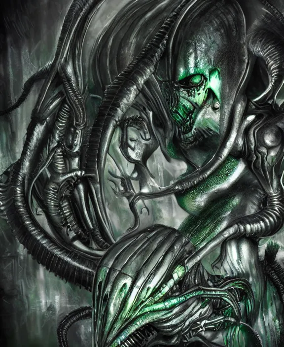 Image similar to xenomorph queen goth model hybrid, dragon eggs, dark emerald mist colors, giger background liminal void, cinematic lighting, realistic, award winning photograph, various refining methods, micro macro autofocus