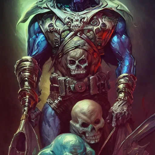 Prompt: skeletor, masters of the universe, dim light, front game card, marvel comics, dark, intricate, highly detailed, smooth, artstation, digital illustration by ruan jia and mandy jurgens and artgerm and wayne barlowe and greg rutkowski and zdislaw beksinski, and adi granov