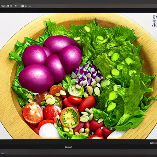 Prompt: Photorealistic super salad on a menu. Hyperdetailed photorealism, 108 megapixels, amazing depth, glowing rich colors, powerful imagery, 3D finalrender, 3d shading, cinematic lighting, artstation concept art