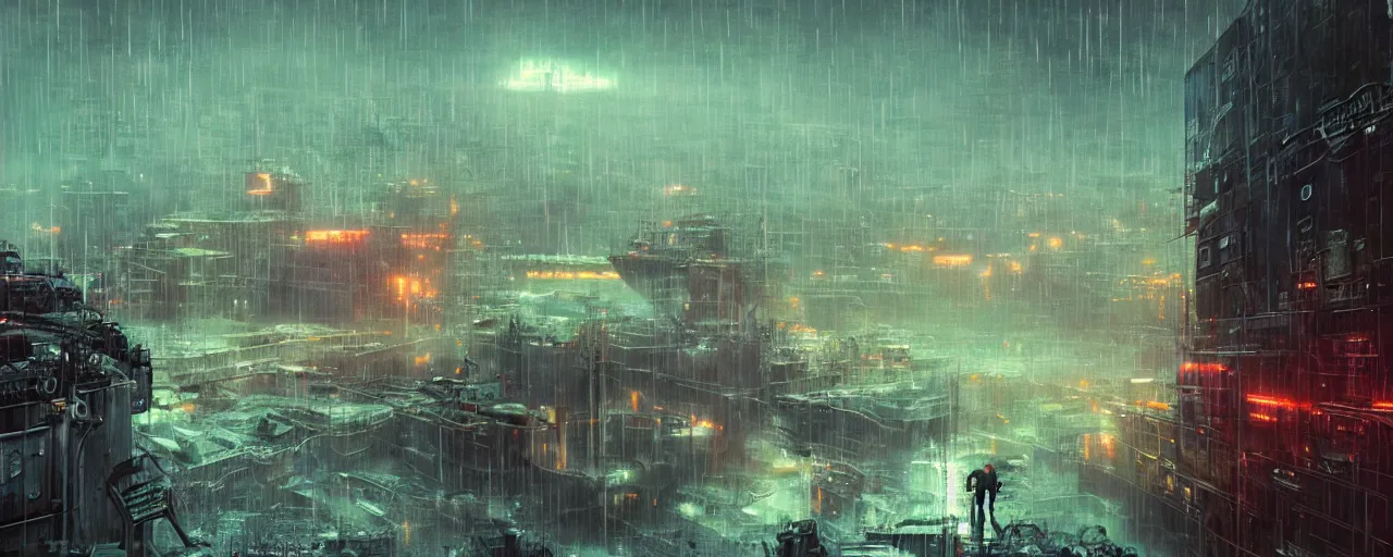 Image similar to ” industrial alien landscape, [ rain, city, cinematic, detailed, epic, widescreen, opening, establishing, mattepainting, photorealistic, realistic textures, octane render, art by slop and paul lehr ] ”