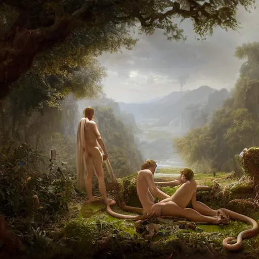 Prompt: God angy in the Garden of Eden. Adam and Eve look very guilty and the snake is leaving the scene quietly - Matte painting , detailed painting, made by Greg Rutkowski, 4k resolution, atmospheric, breathtaking