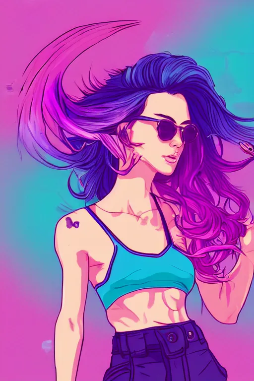 Image similar to a award winning half body porttrait of a beautiful woman in a croptop and cargo pants with ombre purple pink teal hairstyle with head in motion and hair flying, outrun, vaporware, shaded flat illustration, digital art, trending on artstation, highly detailed, fine detail, intricate