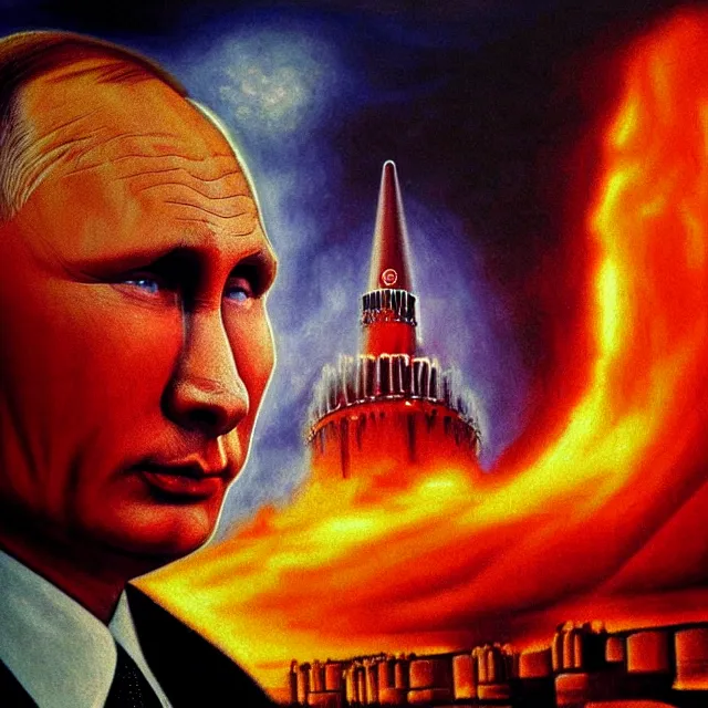 Prompt: scared face of putin looking in nuclear explotion in moscow, hyper - realistic, sharp focus, depth of field, hyper - detailed visionary art, symmetric, hell, holy halo, dramatic ambient lighting, high detail, vibrant colors,