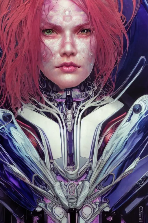 Prompt: extreme close up facial portrait, pale woman with red hair in sci - fi armor with purple accents, bionic armor, stoic, powerful, by artgerm and yoshitaka amano and moebius and alphonse mucha, hyperdetailed, dc comics, ornate, nebula, explosions in the sky, trending on artstation