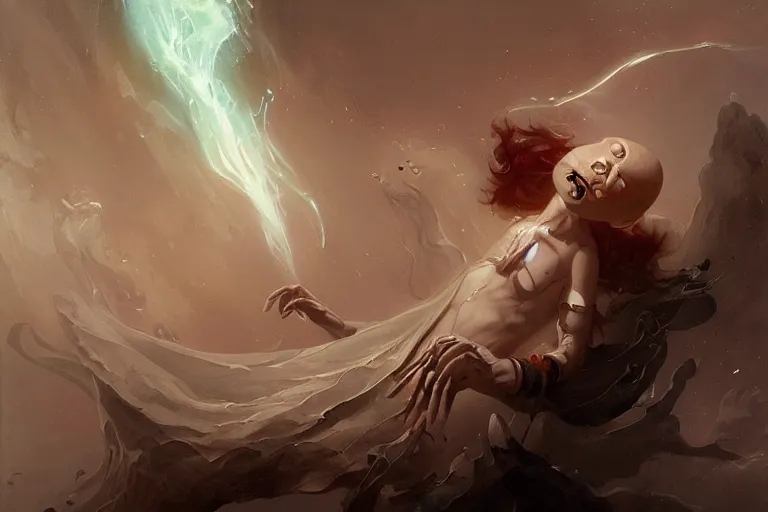 Image similar to a humanoid creature with pale white skin and a gaunt face. the creature is bald. the god of imagination. it is wearing a black flowing cloak that looks like mist. it is crafting an imaginary world. cosmic horror. art by peter mohrbacher.