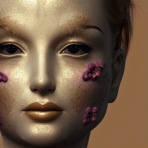 Image similar to beatifull face portrait of a woman, 150 mm, anatomical, flesh, flowers, mandelbrot fractal, facial muscles, veins, arteries, intricate, golden ratio, full frame, microscopic, elegant, highly detailed, ornate, ornament, sculpture, elegant , luxury, beautifully lit, ray trace, unreal, 3d, PBR, in the style of peter Gric , alex grey and Romero Ressendi