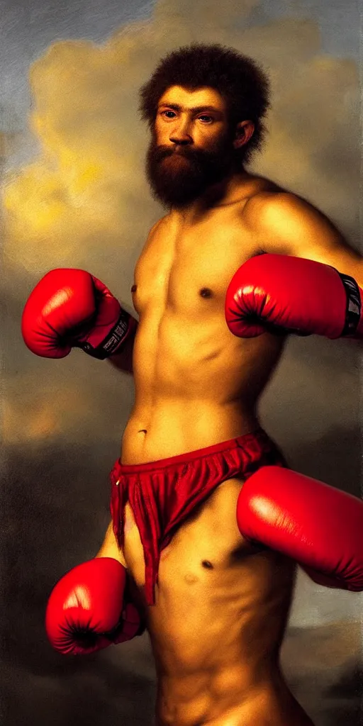 Prompt: muscular lion as a boxer champion with boxing gloves , full human hairy body , strong sun backlight sunrays body , extreme very textured detailed vertical portrait oil painting by rembrandt, sunset in far background , dramatic clouds and red atmosphere