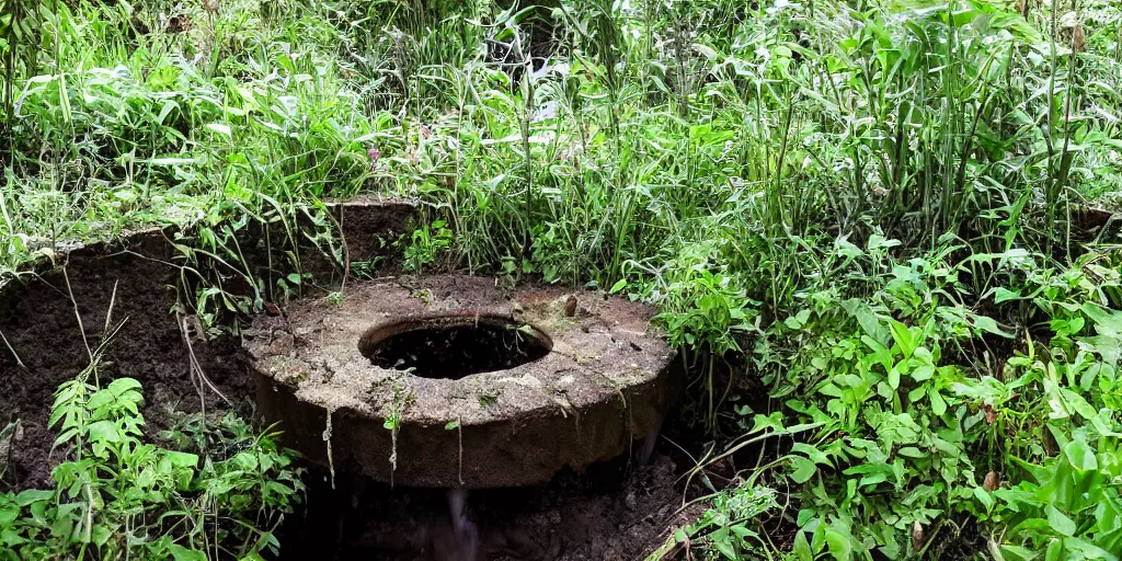 Prompt: a deep well, on the sides overgrown with lush plants, inside at the bottom absolute darkness