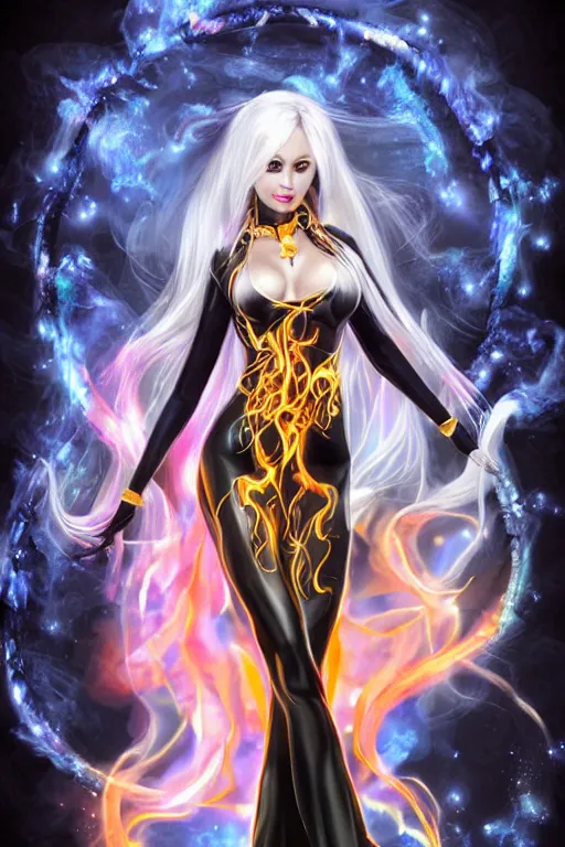 Prompt: Full body Portrait of a female elementalist, black-white skintight robes!, leggins, golden accessories, garments, sightly wide hips, fiery red hair!, long straight hair, sculptured face, blue eyes, red lipstick, floating, orange fire/blue ice duality!, dual magics, extremely detailed, by frank franzzeta, WLOP, Genzoman and gary gygax, trending on artstation, artstationHD, artstationHQ, deviantart, 16K, HD, matte painting, vibrant colors