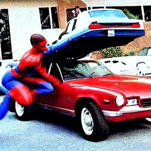 Image similar to Spiderman lift up a car, realistic photo