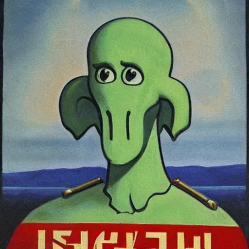 Image similar to handsome squidward, soviet propaganda painting