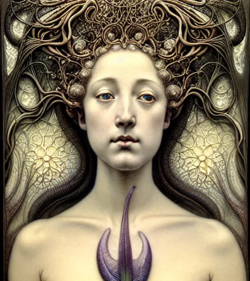 Prompt: beautiful young orchidwoman detailed realistic porcelain face portrait by jean delville, gustave dore, iris van herpen and marco mazzoni, art forms of nature by ernst haeckel, art nouveau, symbolist, visionary, gothic, neo - gothic, pre - raphaelite, fractal lace, intricate alien botanical biodiversity, surreality, hyperdetailed ultrasharp octane render