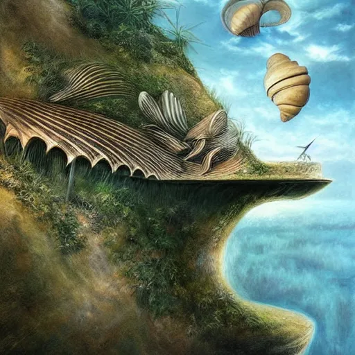 Prompt: beautiful portrait of bamboo living pods shaped like a sea shell embedded on the side of a cliff, the time machine, mechanical birds in flight, art by artgerm, artwork by peter gric and brian froud