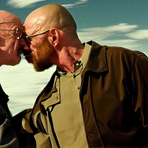 Prompt: old jonathan banks kissing walter white, movie still